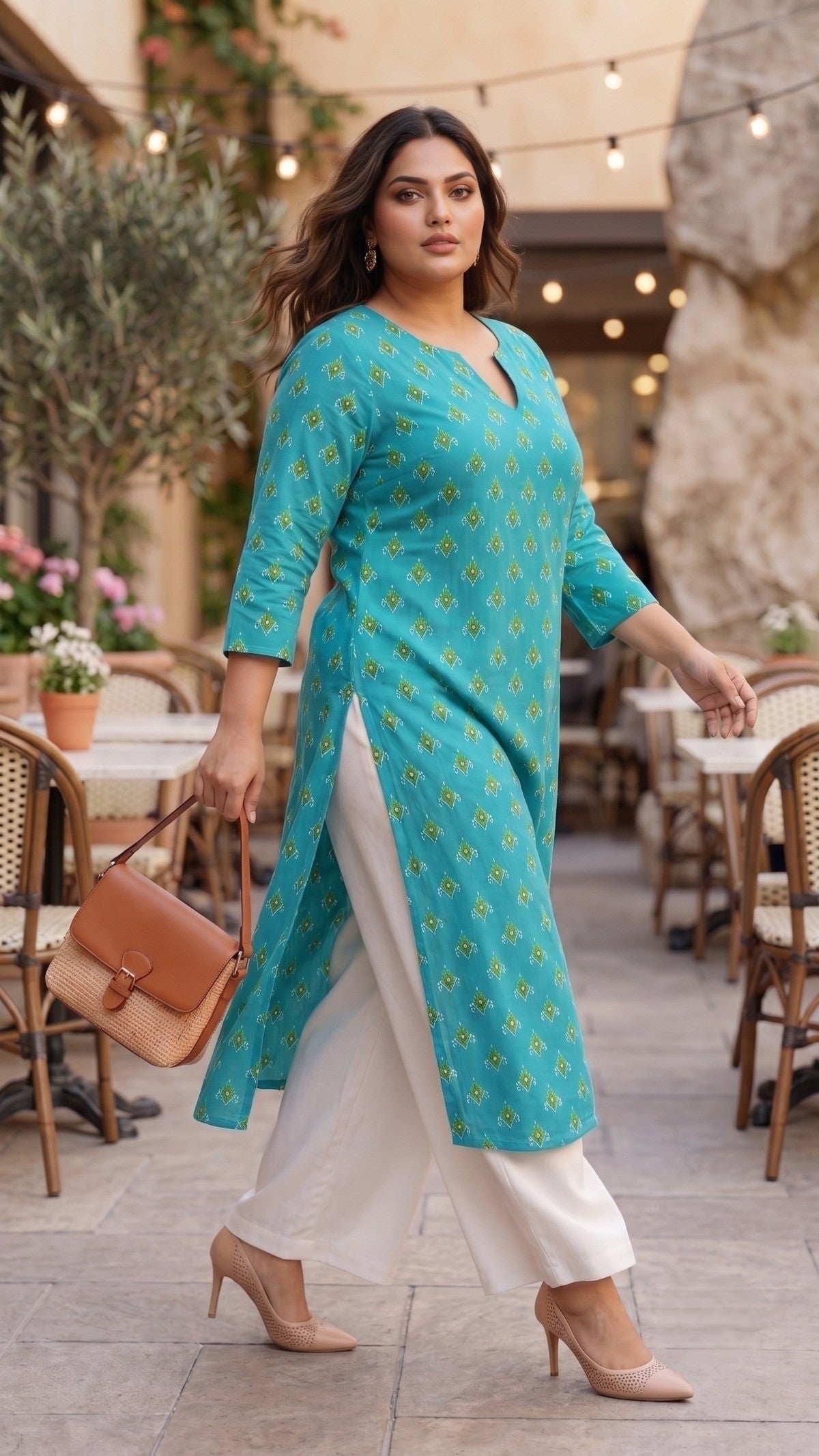 Plus Size Aqua Blue Printed Cotton Kurta | Everyday Ethnic Wear Kurta | Elegant Straight Fit