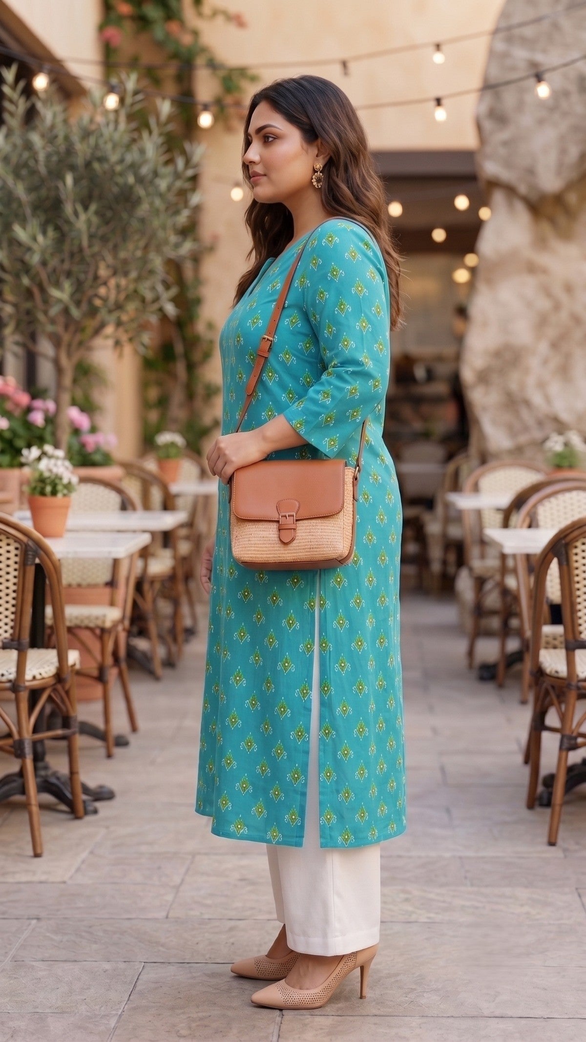 Plus Size Aqua Blue Printed Cotton Kurta | Everyday Ethnic Wear Kurta | Elegant Straight Fit