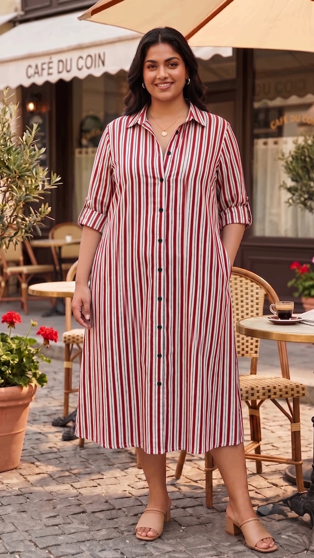 Plus Size Red & White Striped Cotton Shirt Dress for Women | Button Down Midi Dress