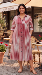 Plus Size Red & White Striped Cotton Shirt Dress for Women | Button Down Midi Dress