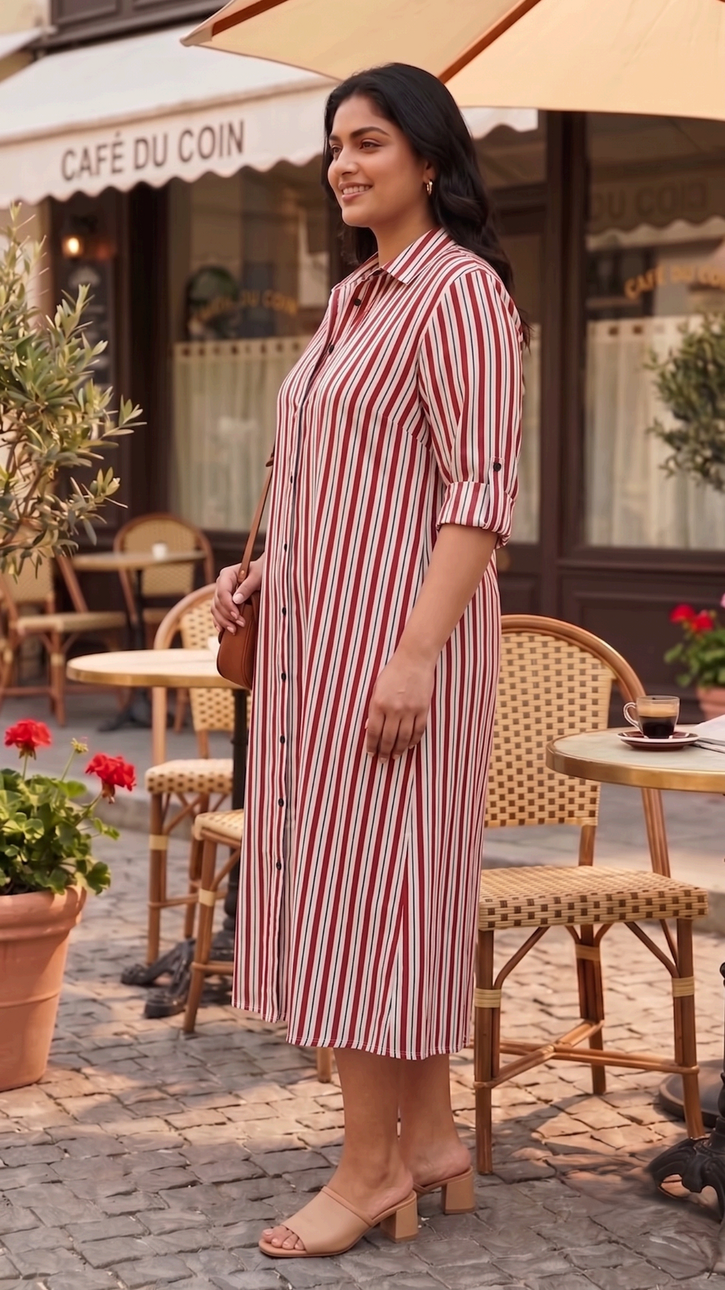 Plus Size Red & White Striped Cotton Shirt Dress for Women | Button Down Midi Dress