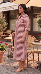 Plus Size Red & White Striped Cotton Shirt Dress for Women | Button Down Midi Dress
