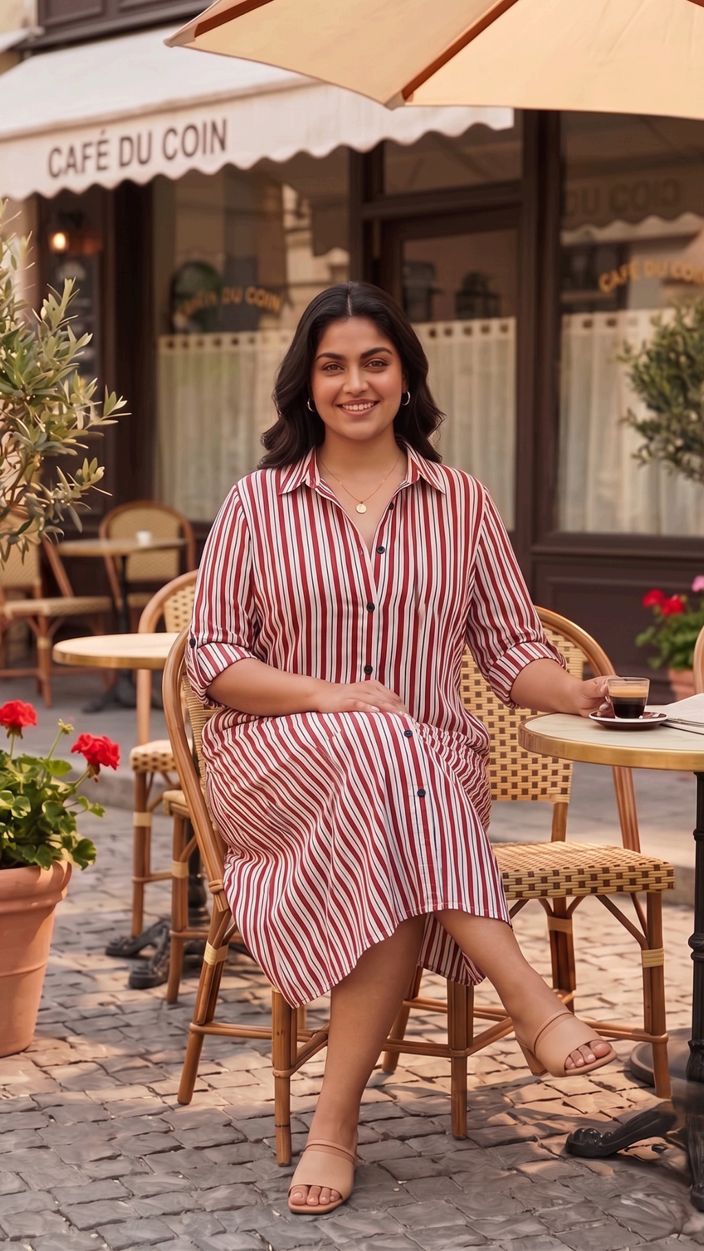 Plus Size Red & White Striped Cotton Shirt Dress for Women | Button Down Midi Dress