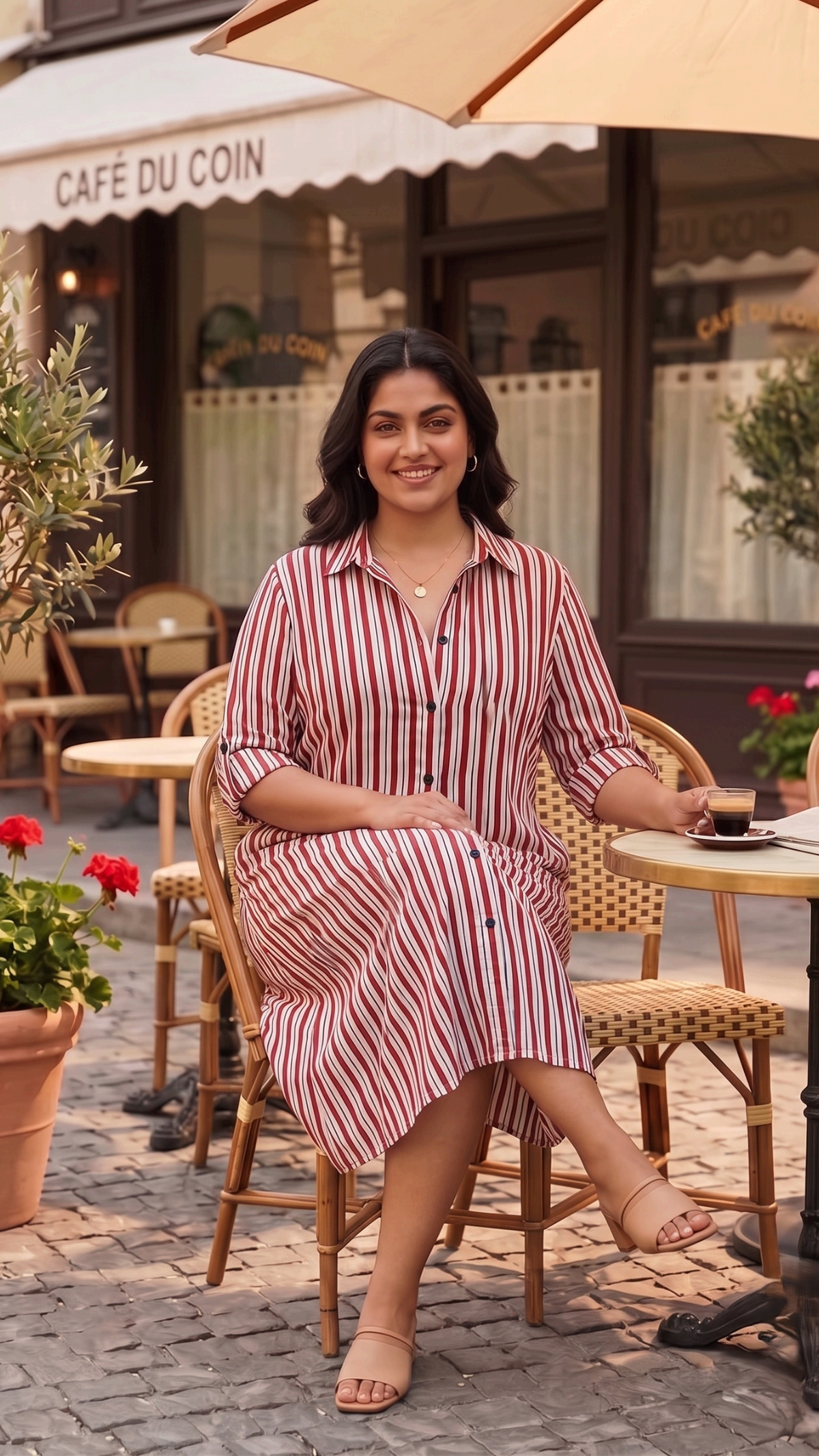 Plus Size Red & White Striped Cotton Shirt Dress for Women | Button Down Midi Dress