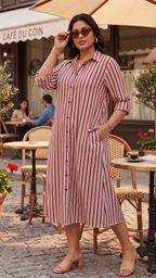 Plus Size Red & White Striped Cotton Shirt Dress for Women | Button Down Midi Dress