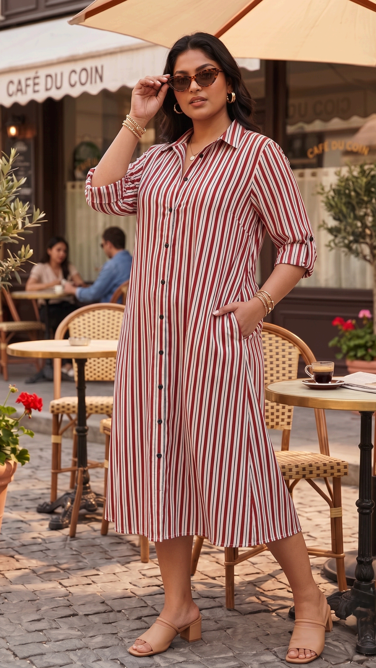 Plus Size Red & White Striped Cotton Shirt Dress for Women | Button Down Midi Dress