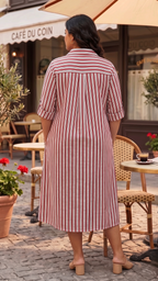 Plus Size Red & White Striped Cotton Shirt Dress for Women | Button Down Midi Dress