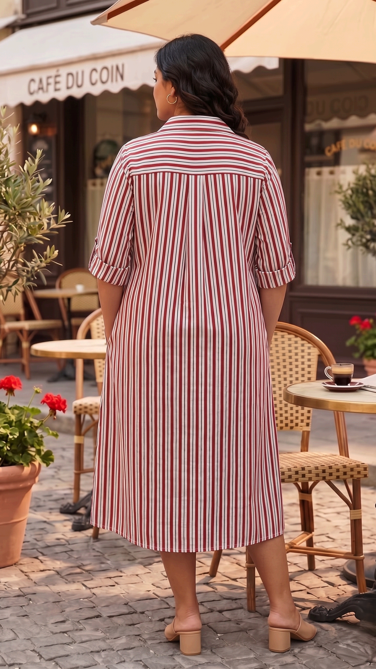 Plus Size Red & White Striped Cotton Shirt Dress for Women | Button Down Midi Dress