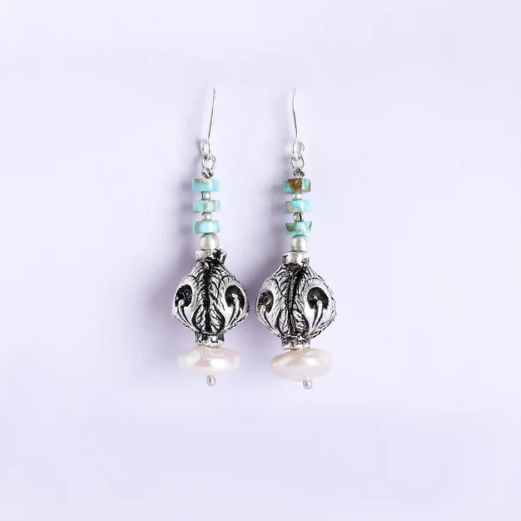 Silver Carved Bead Earrings