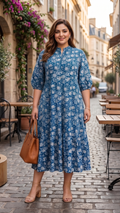 Plus Size Blue Floral Cotton Midi Dress for Women | A-Line Printed Casual Dress