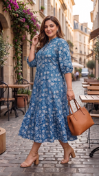 Plus Size Blue Floral Cotton Midi Dress for Women | A-Line Printed Casual Dress