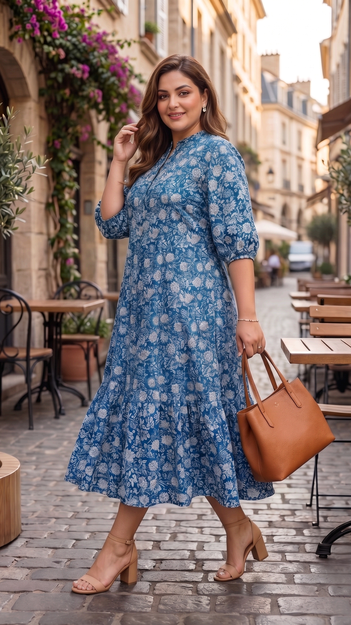 Plus Size Blue Floral Cotton Midi Dress for Women | A-Line Printed Casual Dress