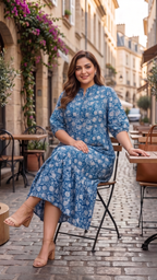Plus Size Blue Floral Cotton Midi Dress for Women | A-Line Printed Casual Dress