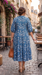 Plus Size Blue Floral Cotton Midi Dress for Women | A-Line Printed Casual Dress