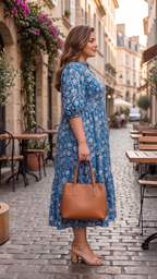 Plus Size Blue Floral Cotton Midi Dress for Women | A-Line Printed Casual Dress