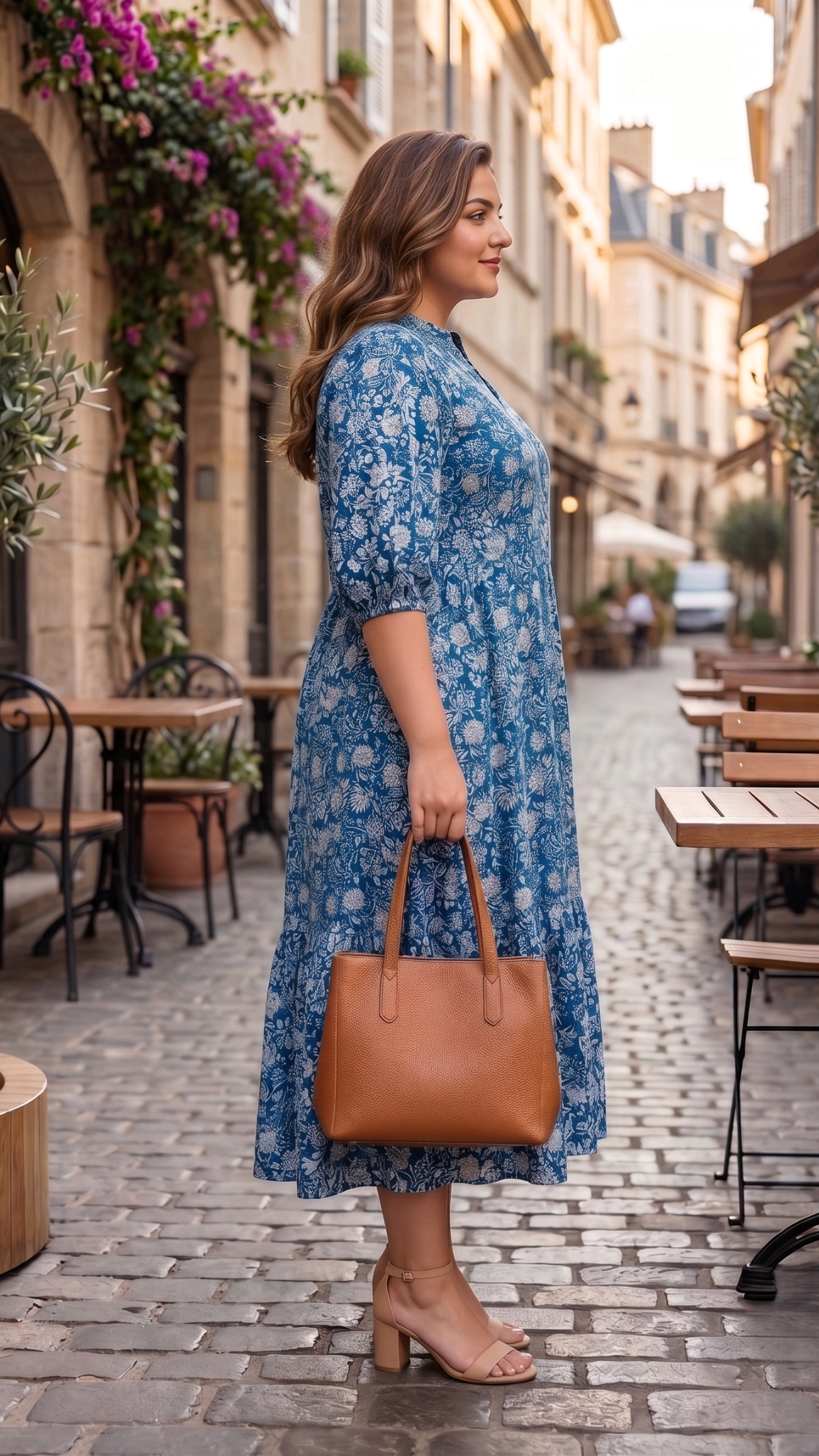 Plus Size Blue Floral Cotton Midi Dress for Women | A-Line Printed Casual Dress