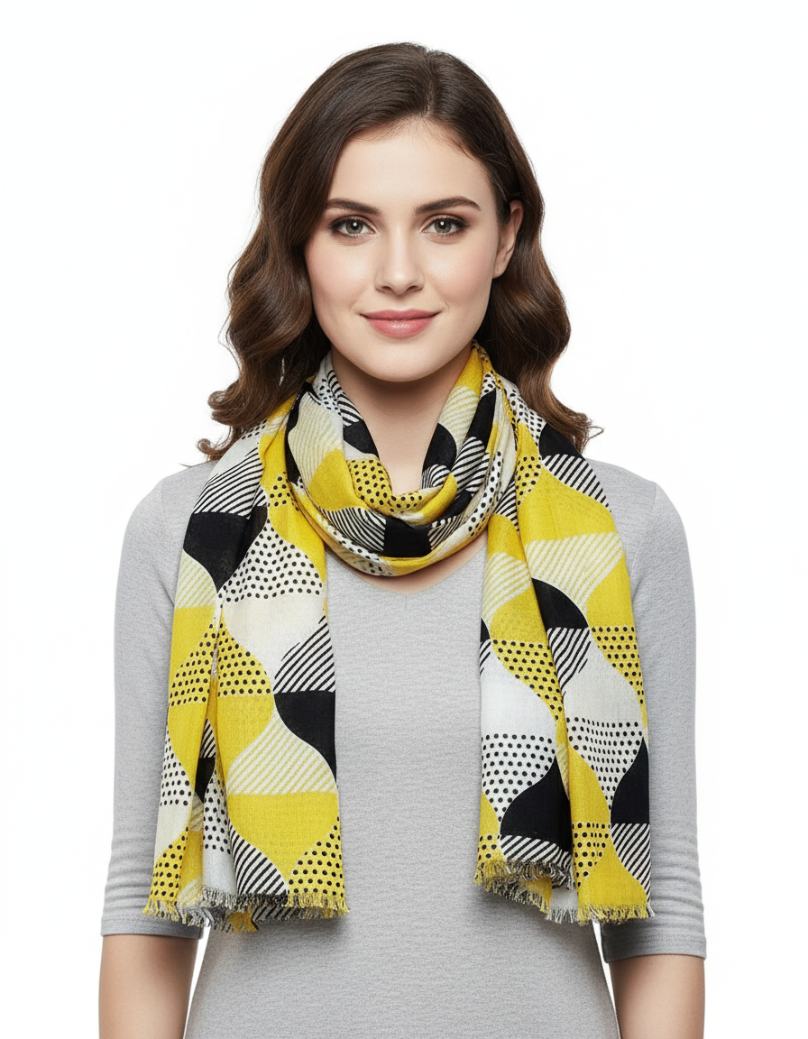 Women's Scarf/Stole | Yellow & Black Geometric Print