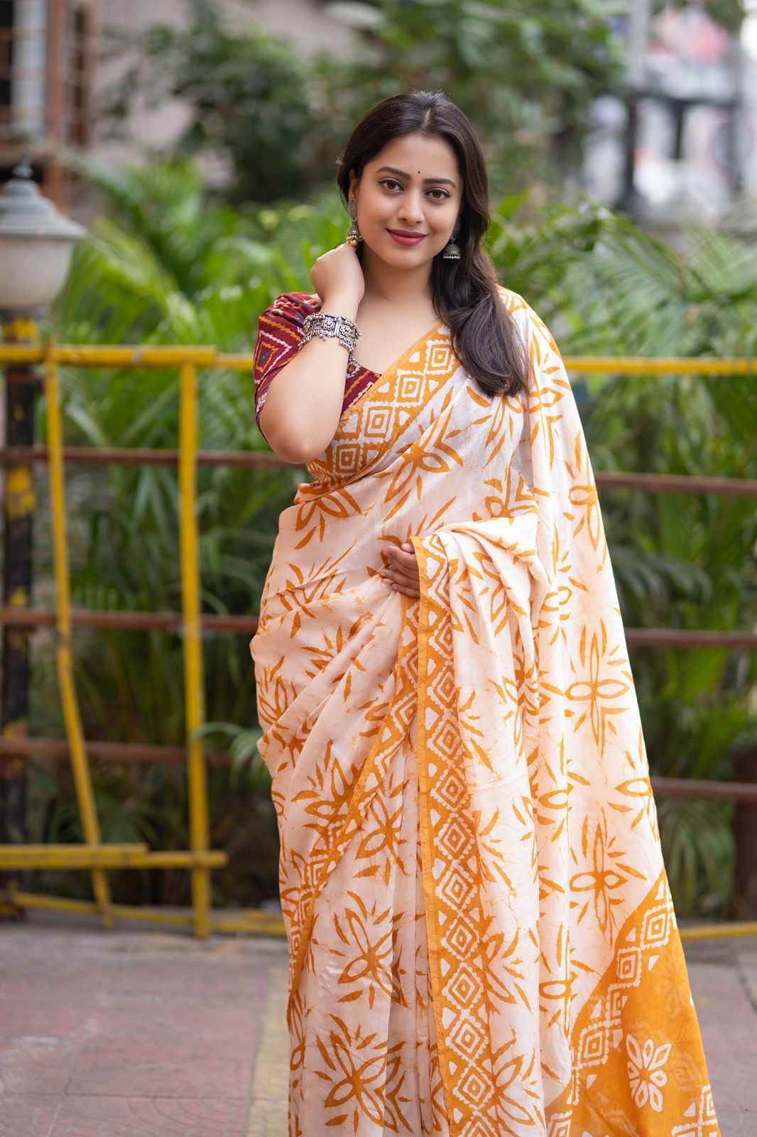 Anandi Hand Batik Chanderi Cotton Saree with Ajrakh Blouse-1