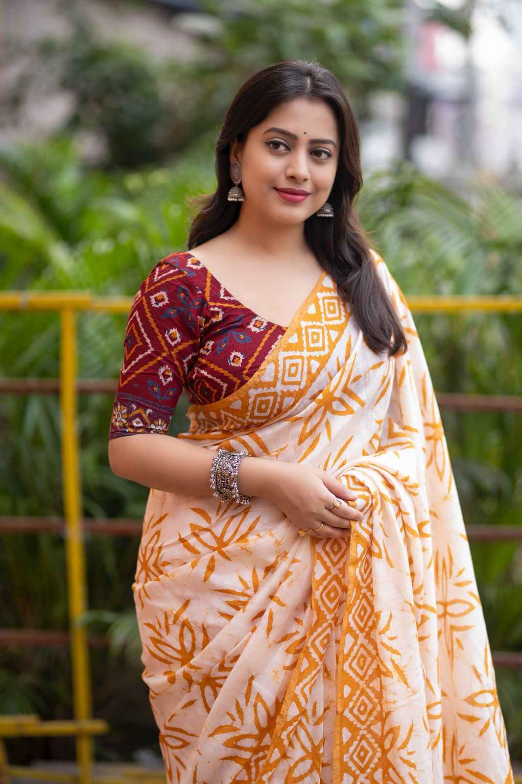 Anandi Hand Batik Chanderi Cotton Saree with Ajrakh Blouse-2