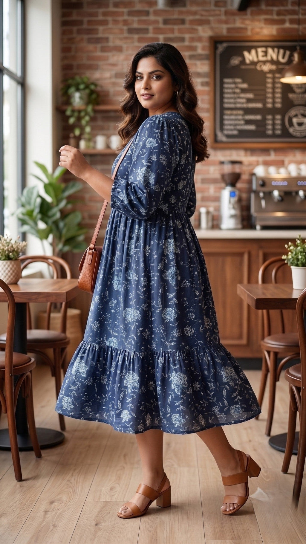 Navy Blue Floral Tiered Dress