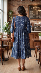 Navy Blue Floral Tiered Dress