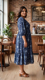 Navy Blue Floral Tiered Dress