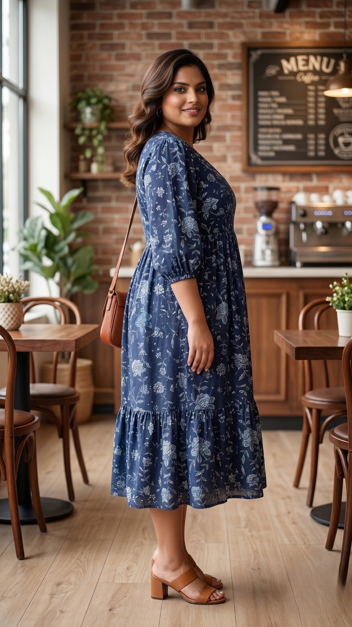 Navy Blue Floral Tiered Dress
