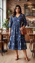 Navy Blue Floral Tiered Dress
