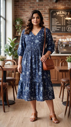 Navy Blue Floral Tiered Dress