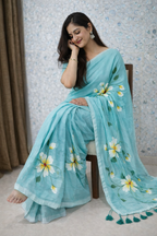 Aqua Bloom Premium Mull Cotton Handprint Saree-0