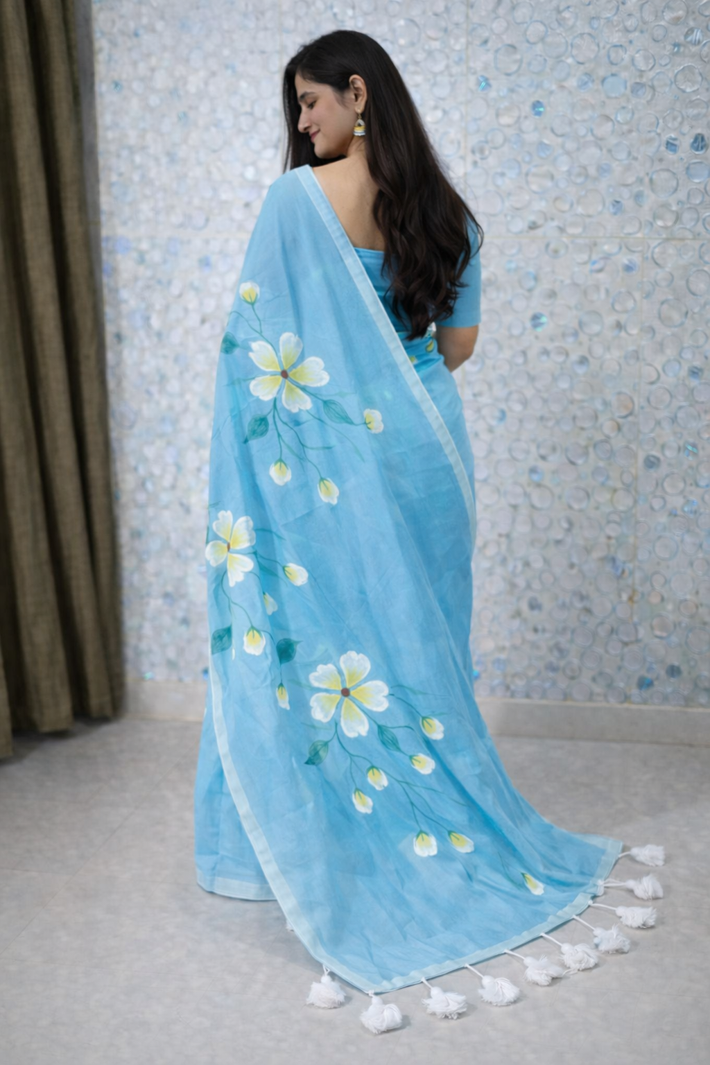 Sky Blossom Premium Mull Cotton Handprint Saree-3
