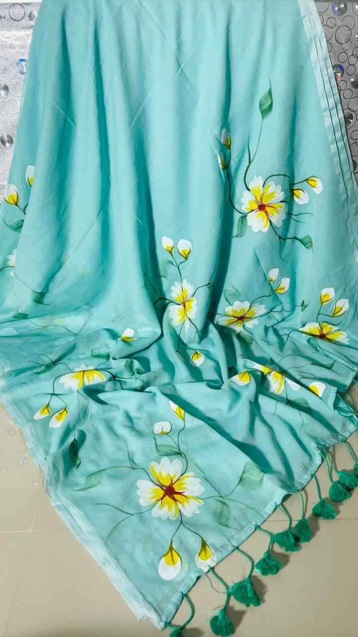 Aqua Bloom Premium Mull Cotton Handprint Saree-2