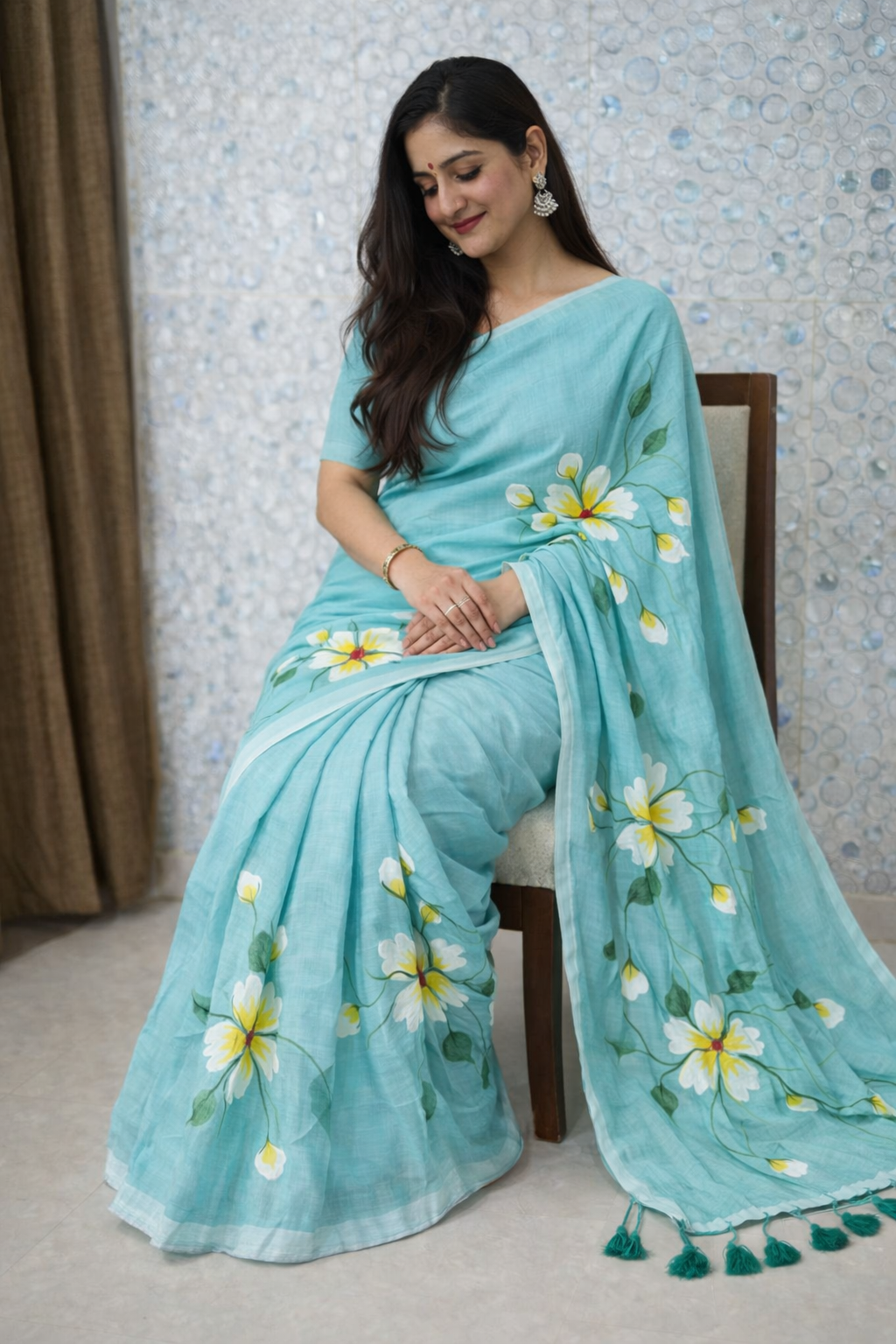 Aqua Bloom Premium Mull Cotton Handprint Saree-1