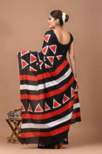 GeoChic Mulmul Cotton Saree in Black & Red-1