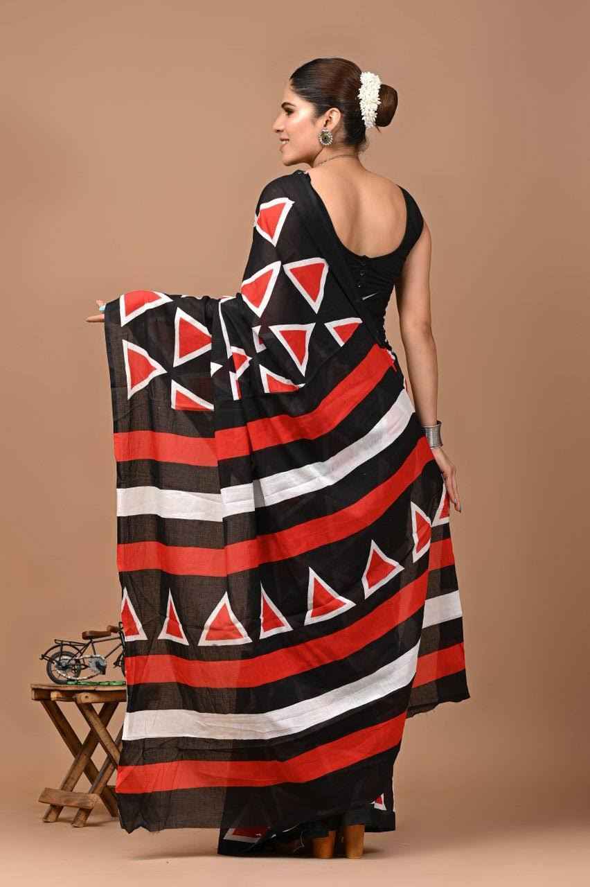 GeoChic Mulmul Cotton Saree in Black & Red-1