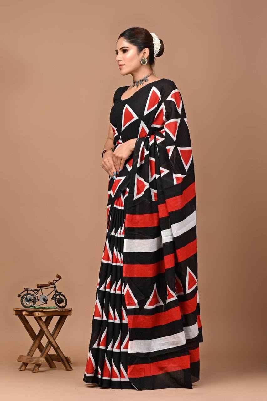 GeoChic Mulmul Cotton Saree in Black & Red-2