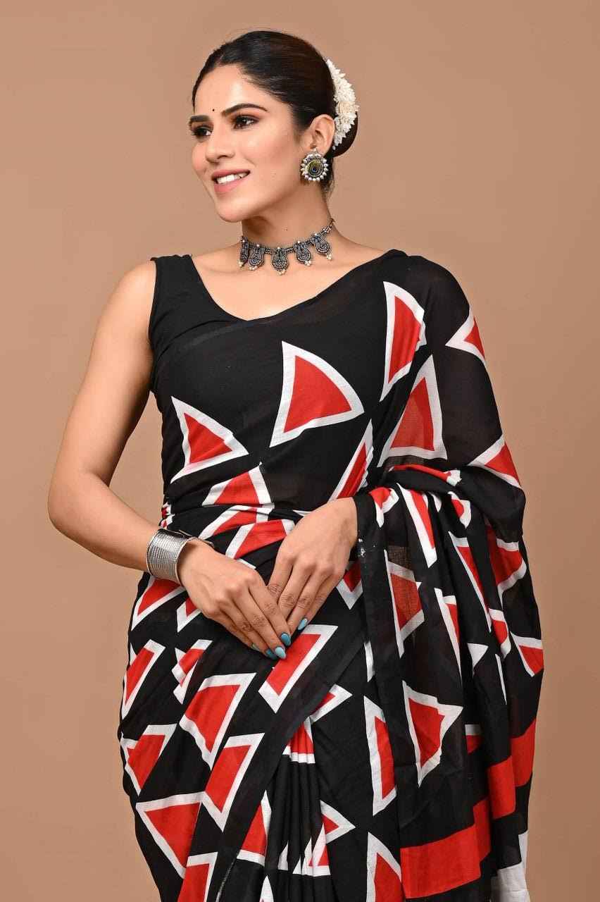 GeoChic Mulmul Cotton Saree in Black & Red-0