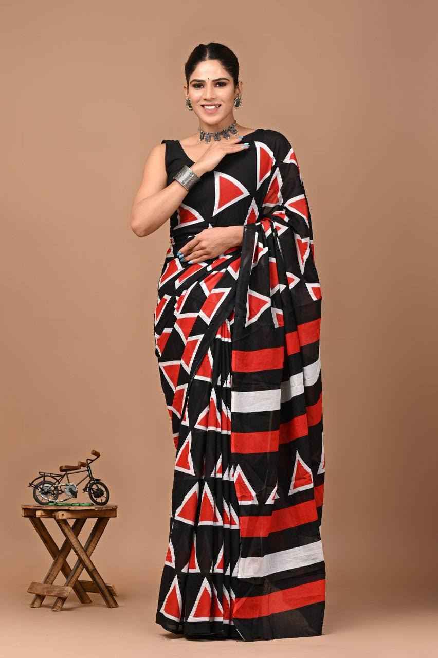 GeoChic Mulmul Cotton Saree in Black & Red-3