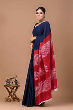 Indigo Fusion Mulmul Cotton Saree with Maroon Zigzag Pallu-1