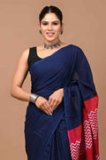Indigo Fusion Mulmul Cotton Saree with Maroon Zigzag Pallu-0