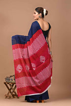 Indigo Fusion Mulmul Cotton Saree with Maroon Zigzag Pallu-2