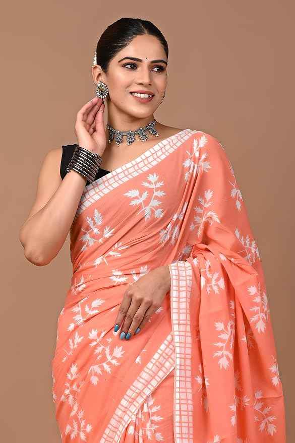Peach Pataka Summer Bloom Mulmul Cotton Saree-3