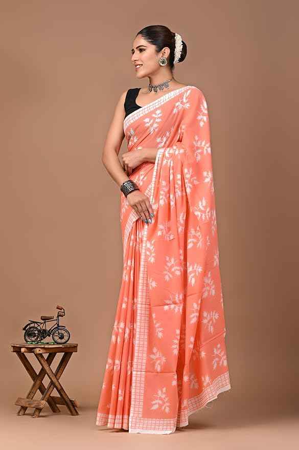 Peach Pataka Summer Bloom Mulmul Cotton Saree-1